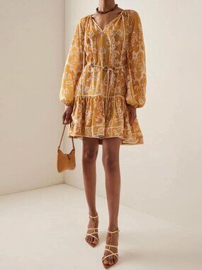 Zimmermann Raie Tiered Billow Mini Dress Gold Damask Size 0P US 2P NEW NWT